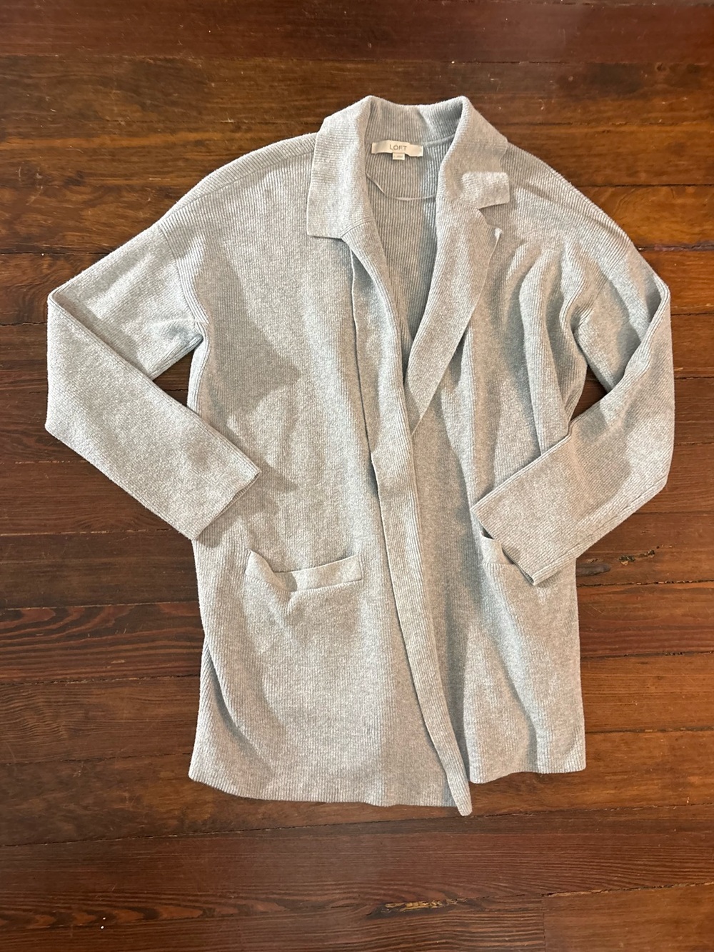 Loft Ann Taylor gray collared open front long cardigan sweater size L